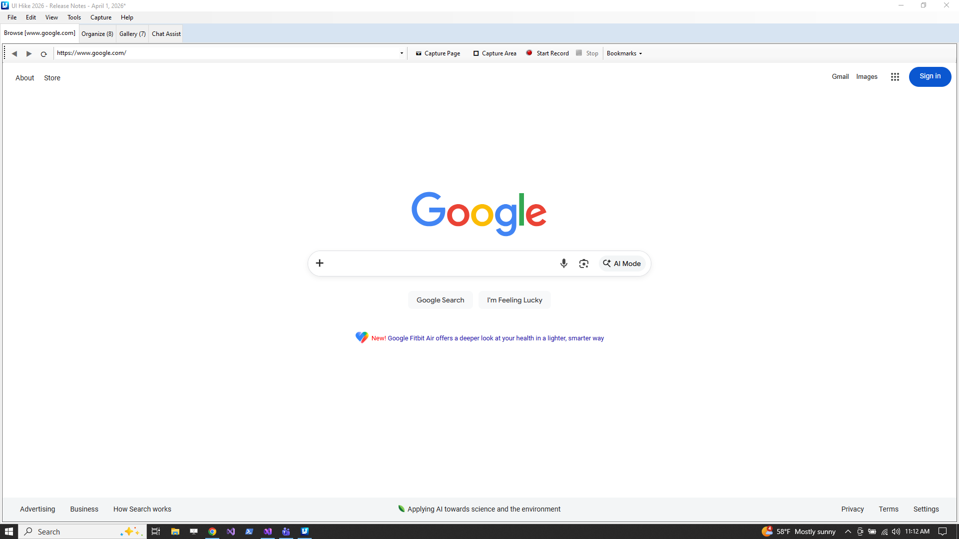 UIHike browser tab — embedded webview with Capture Page, Capture Area, and Start Record controls